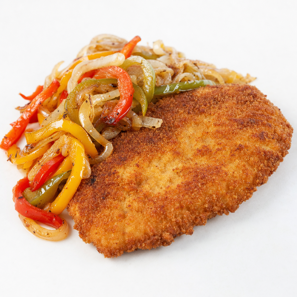 Breaded Chicken Cultet with Onions & Peppers