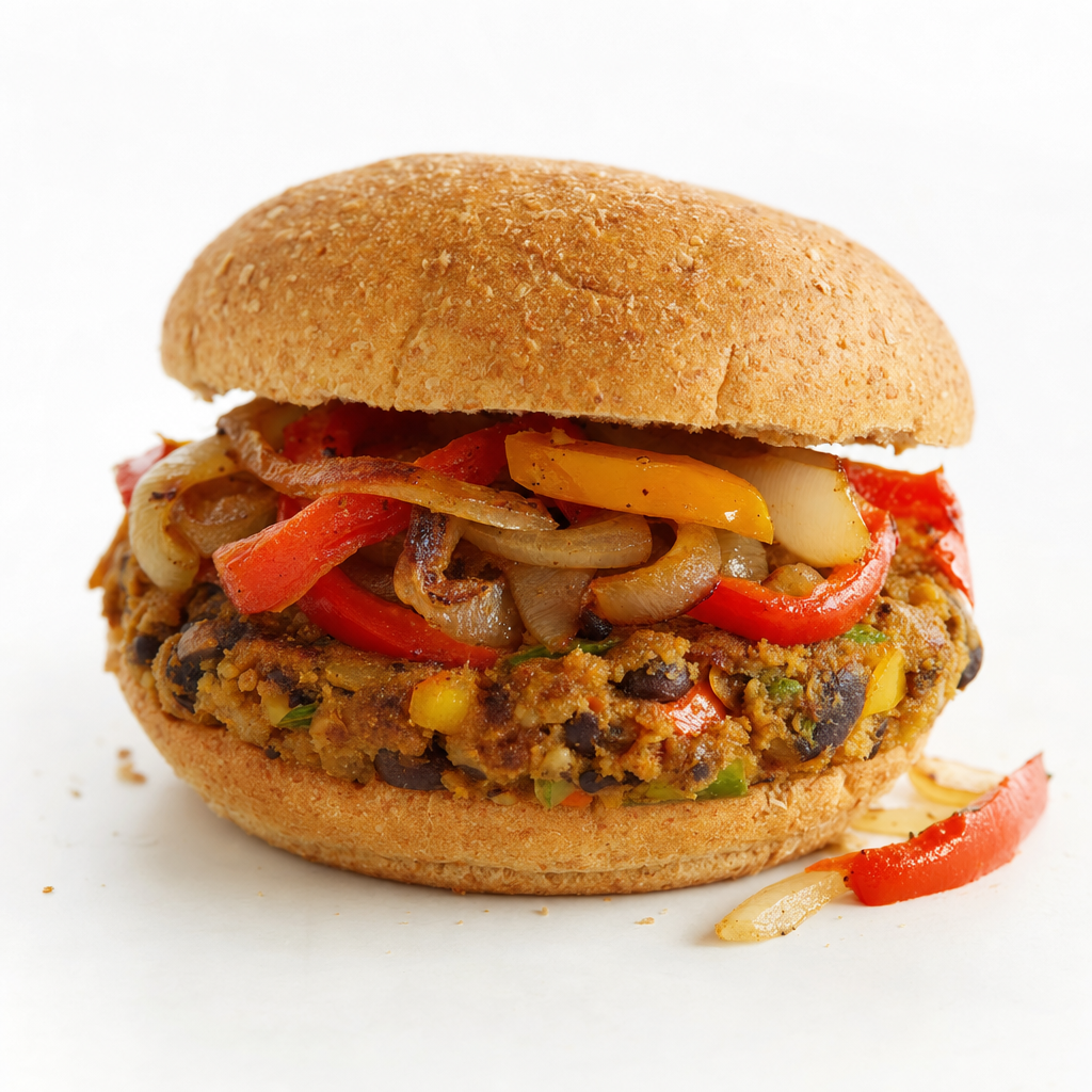 Homemade Black Bean Burger with Onions & Peppers