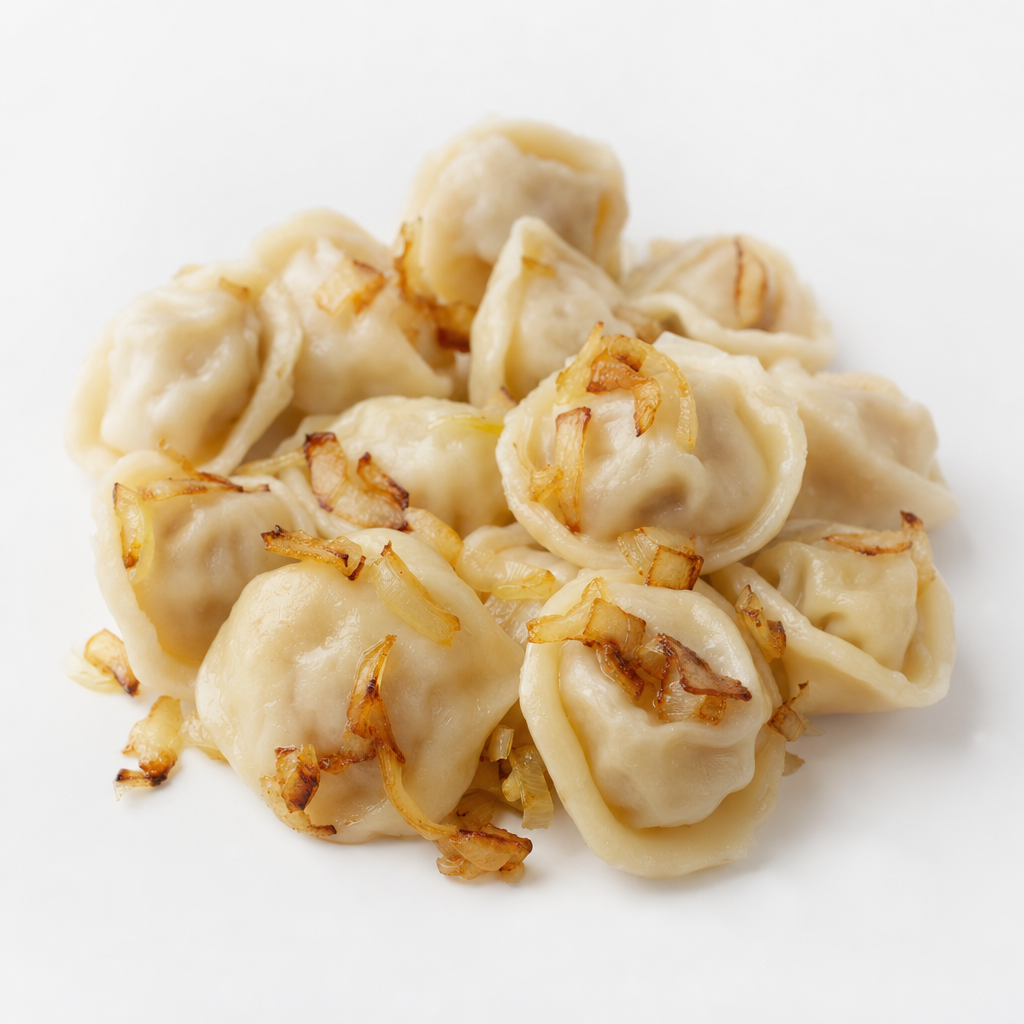 Meat Pelmeni with Fried Onions