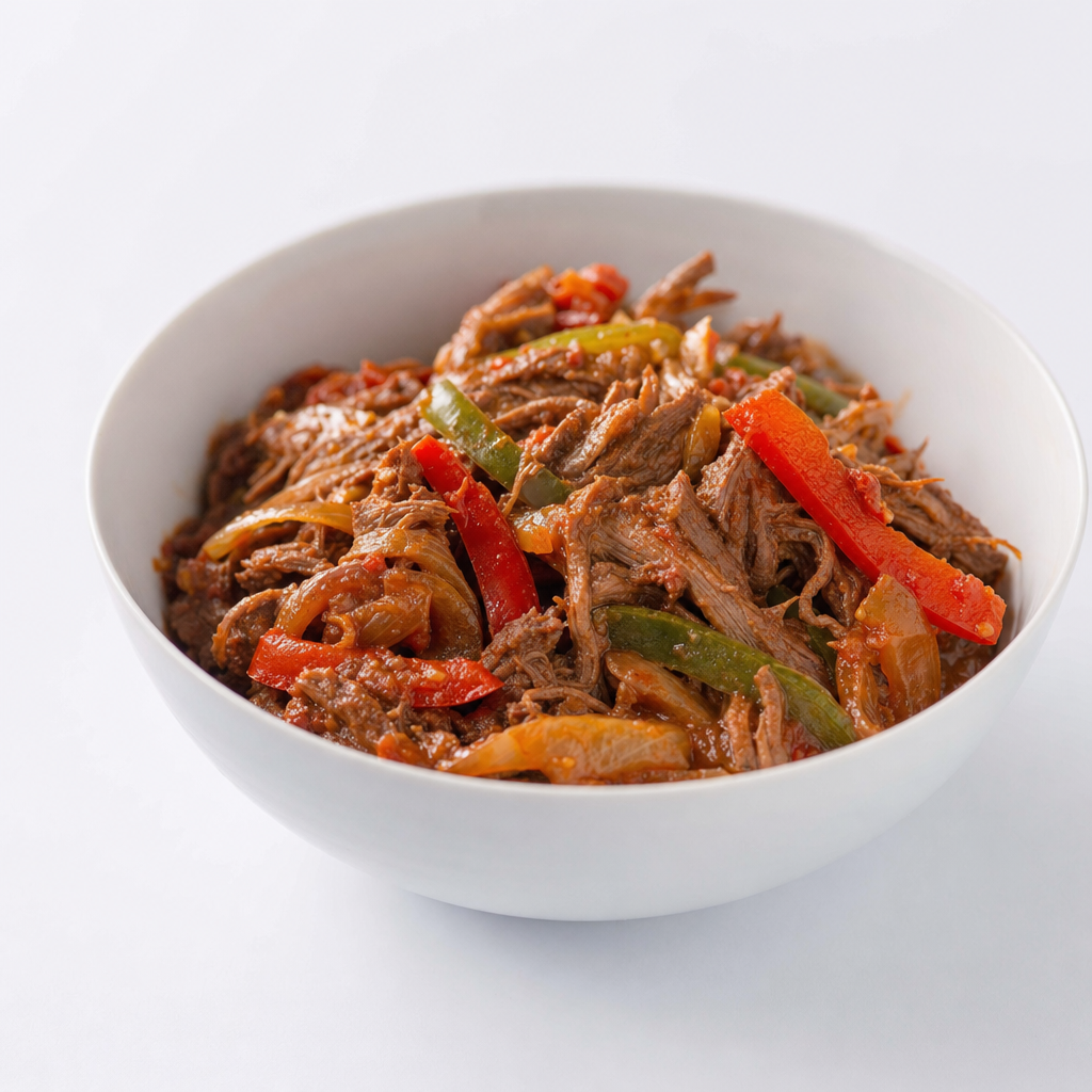 Ropa Vieja( Shredded Beef Stew) Sauteed with Peppers & Onions
